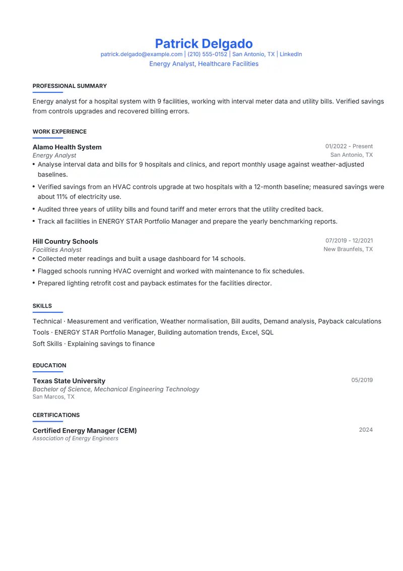 Energy Analyst resume template sample in Leslie, page 1: fictional Energy Analyst, Healthcare Facilities