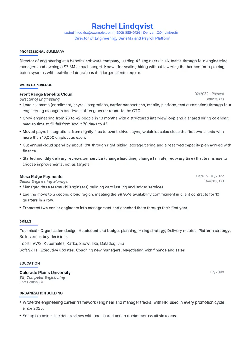 Engineering Director resume template sample in Leslie, page 1: fictional Director of Engineering, Benefits and Payroll Platform