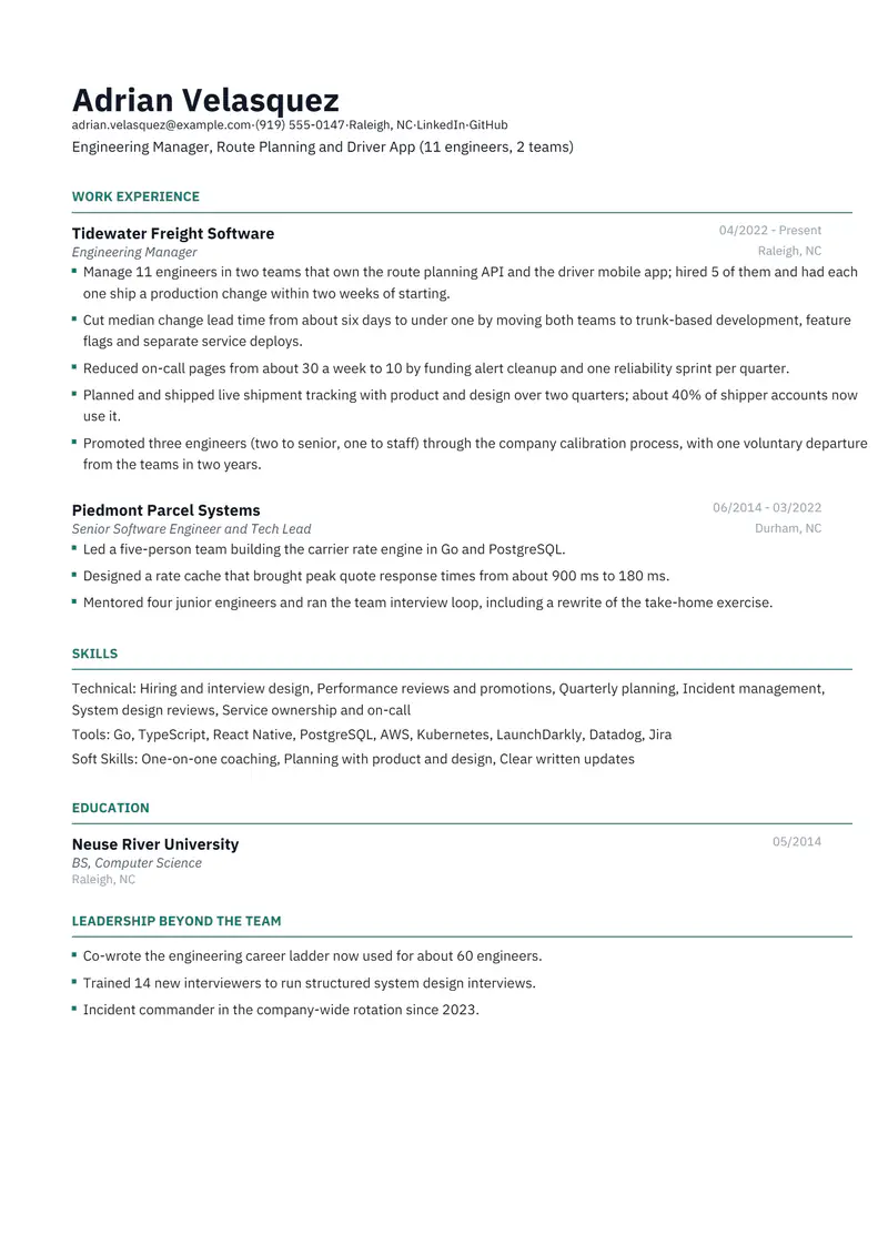 Engineering Manager resume template sample in Catalyst, page 1: fictional Engineering Manager, Route Planning and Driver App (11 engineers, 2 teams)