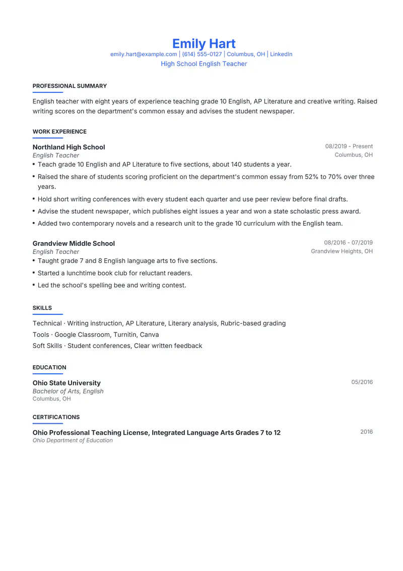 English Teacher resume template sample in Leslie, page 1: fictional High School English Teacher