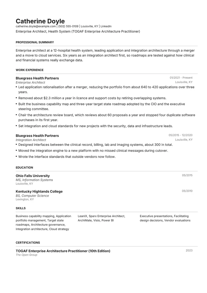 Enterprise Architect resume template sample in Henrietta, page 1: fictional Enterprise Architect, Health System (TOGAF Enterprise Architecture Practitioner)