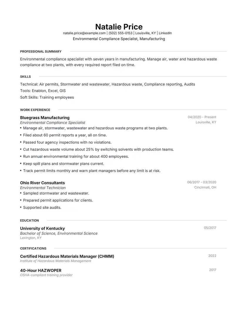 Environmental Compliance Specialist resume template sample in Meridian, page 1: fictional Environmental Compliance Specialist, Manufacturing