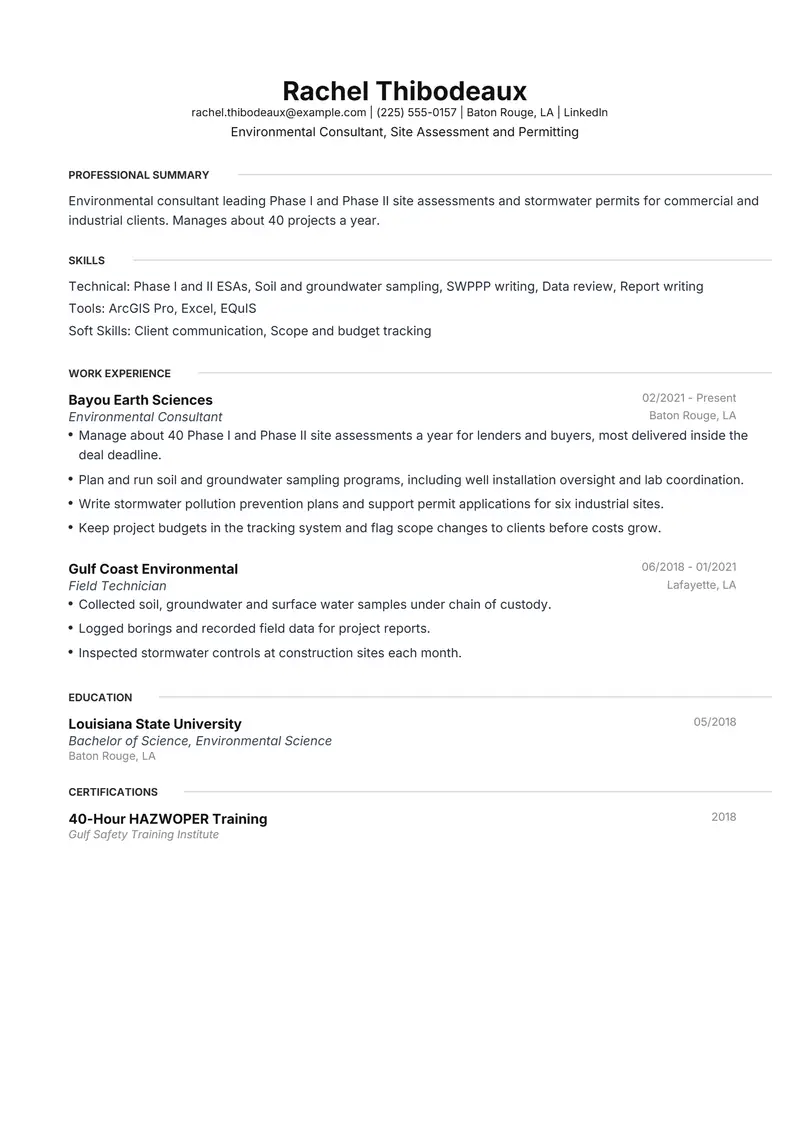 Environmental Consultant resume template sample in Meridian, page 1: fictional Environmental Consultant, Site Assessment and Permitting