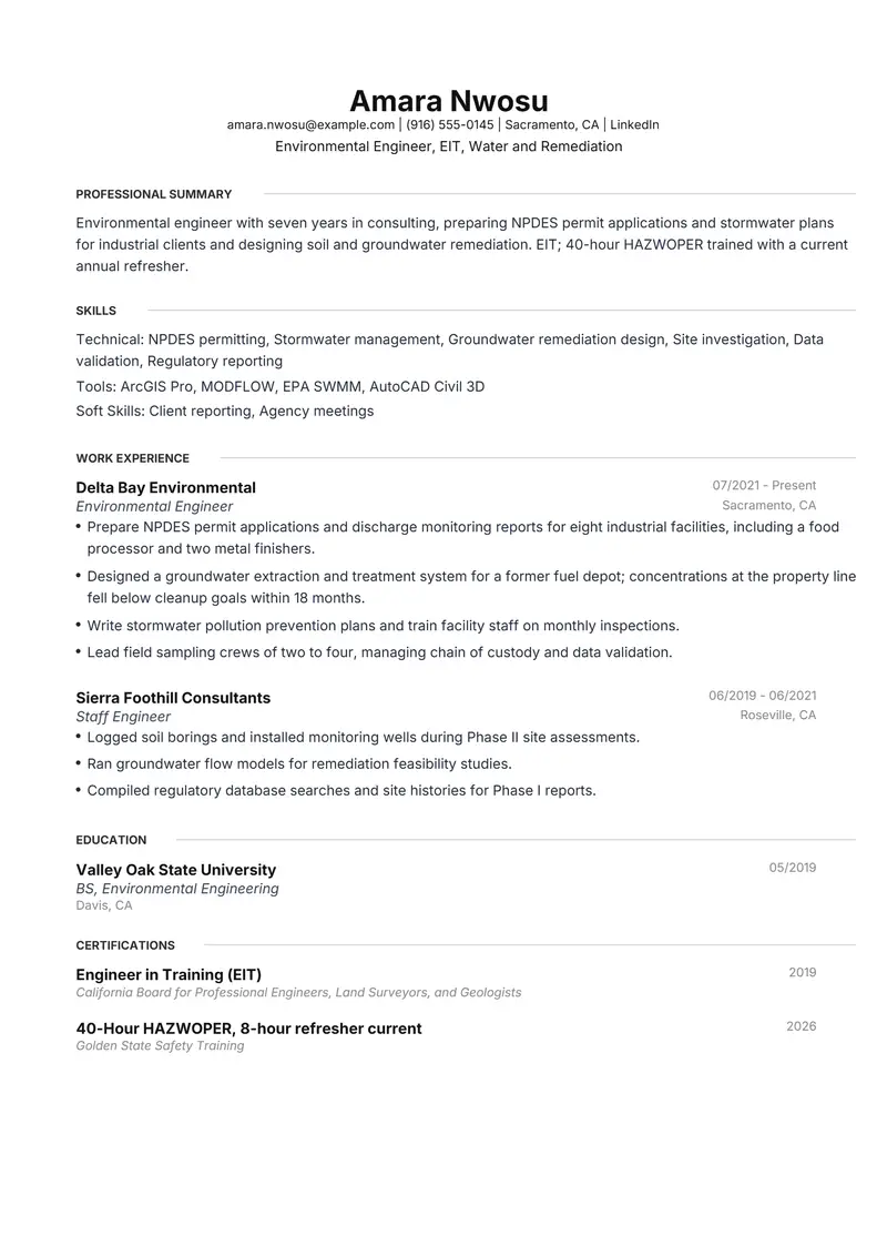 Environmental Engineer resume template sample in Meridian, page 1: fictional Environmental Engineer, EIT, Water and Remediation