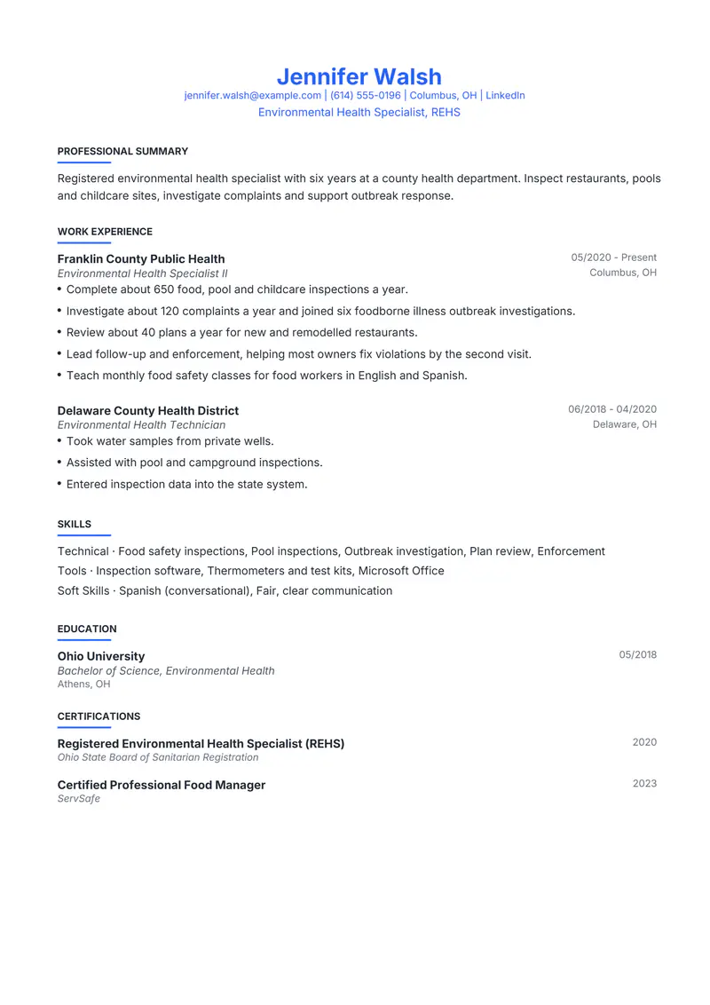 Environmental Health Specialist resume template sample in Leslie, page 1: fictional Environmental Health Specialist, REHS