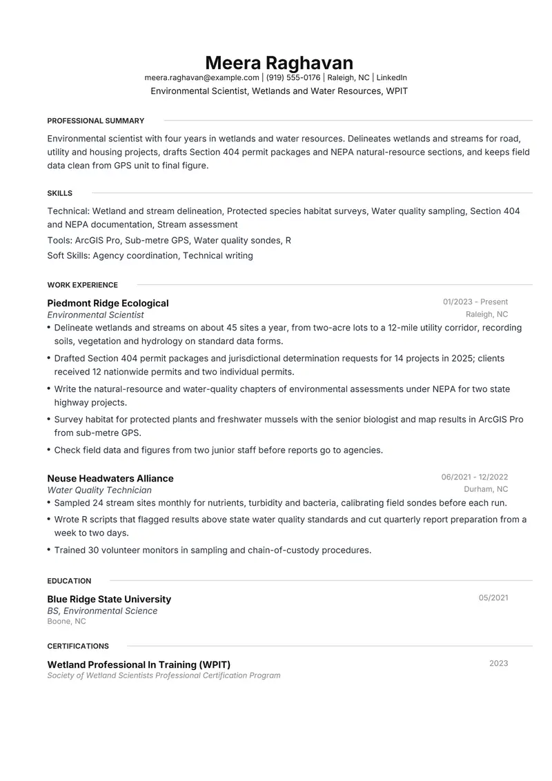 Environmental Scientist resume template sample in Meridian, page 1: fictional Environmental Scientist, Wetlands and Water Resources, WPIT