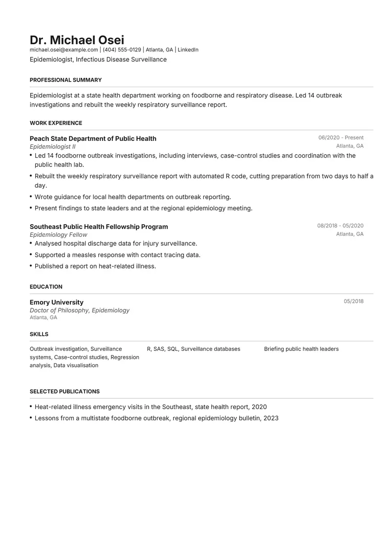 Epidemiologist resume template sample in Henrietta, page 1: fictional Epidemiologist, Infectious Disease Surveillance