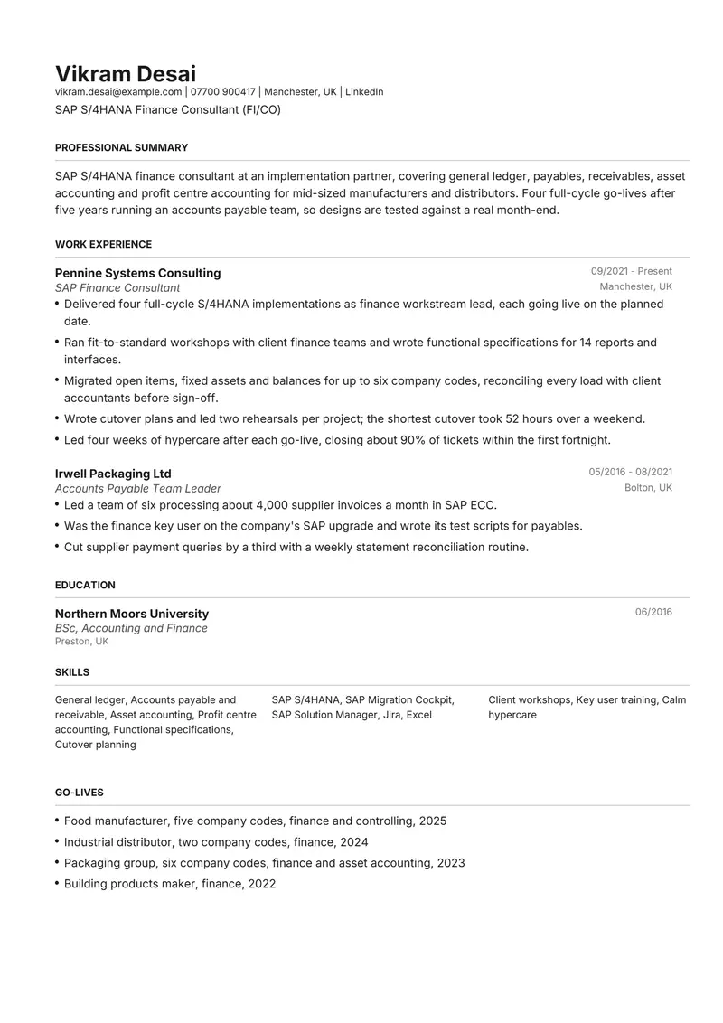 ERP Consultant resume template sample in Henrietta, page 1: fictional SAP S/4HANA Finance Consultant (FI/CO)