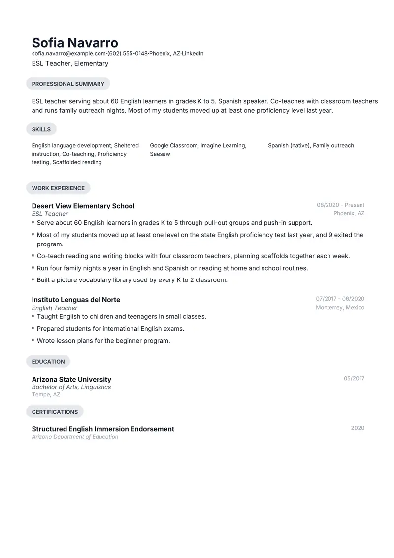 ESL Teacher resume template sample in Daniel, page 1: fictional ESL Teacher, Elementary