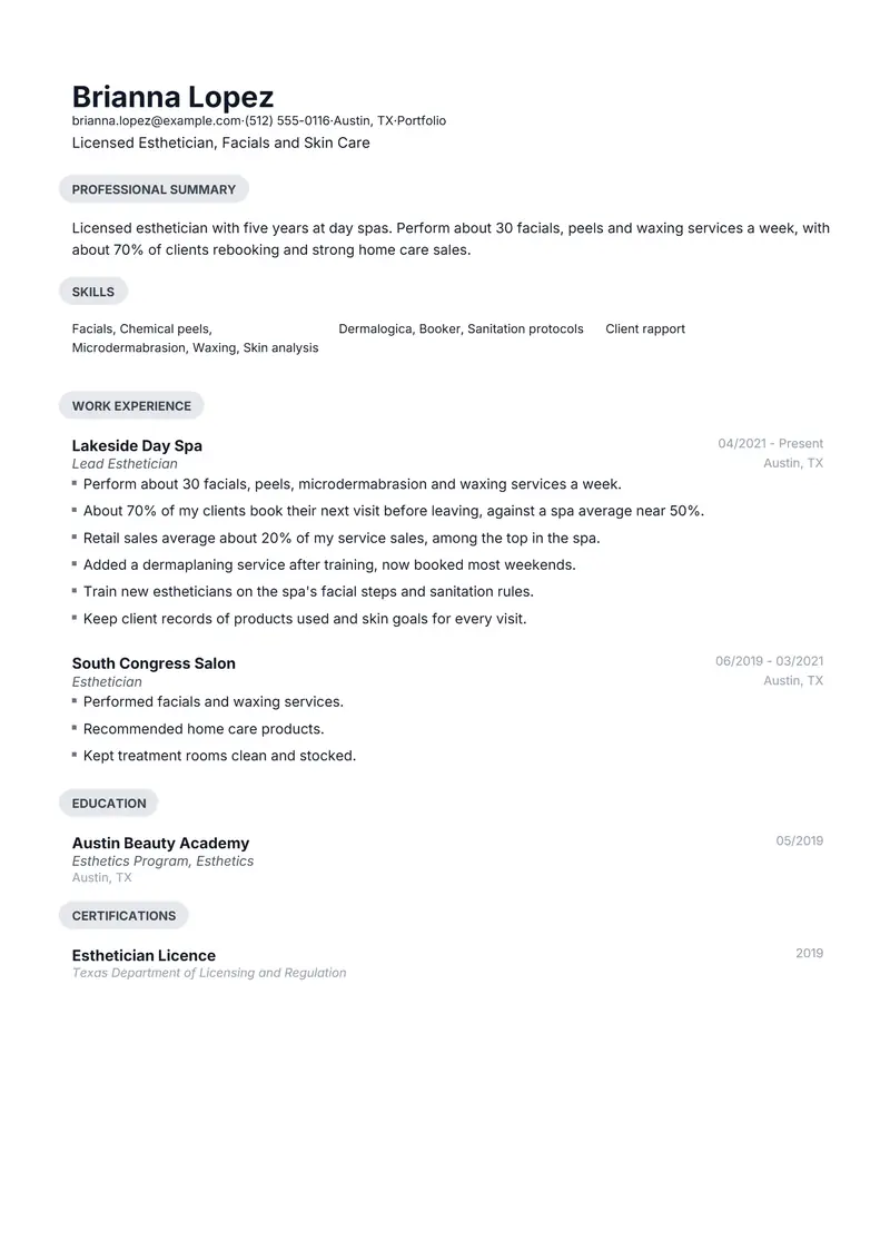Esthetician resume template sample in Daniel, page 1: fictional Licensed Esthetician, Facials and Skin Care