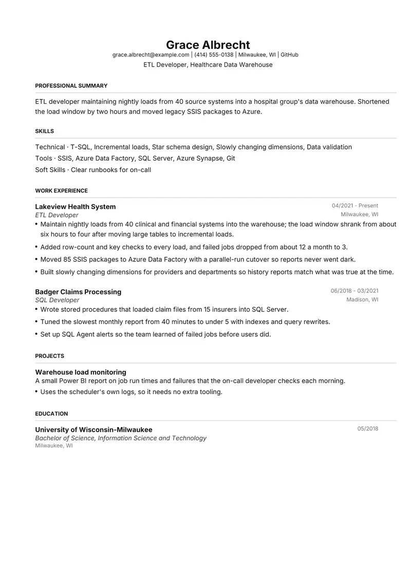 ETL Developer resume template sample in FAANGPath, page 1: fictional ETL Developer, Healthcare Data Warehouse