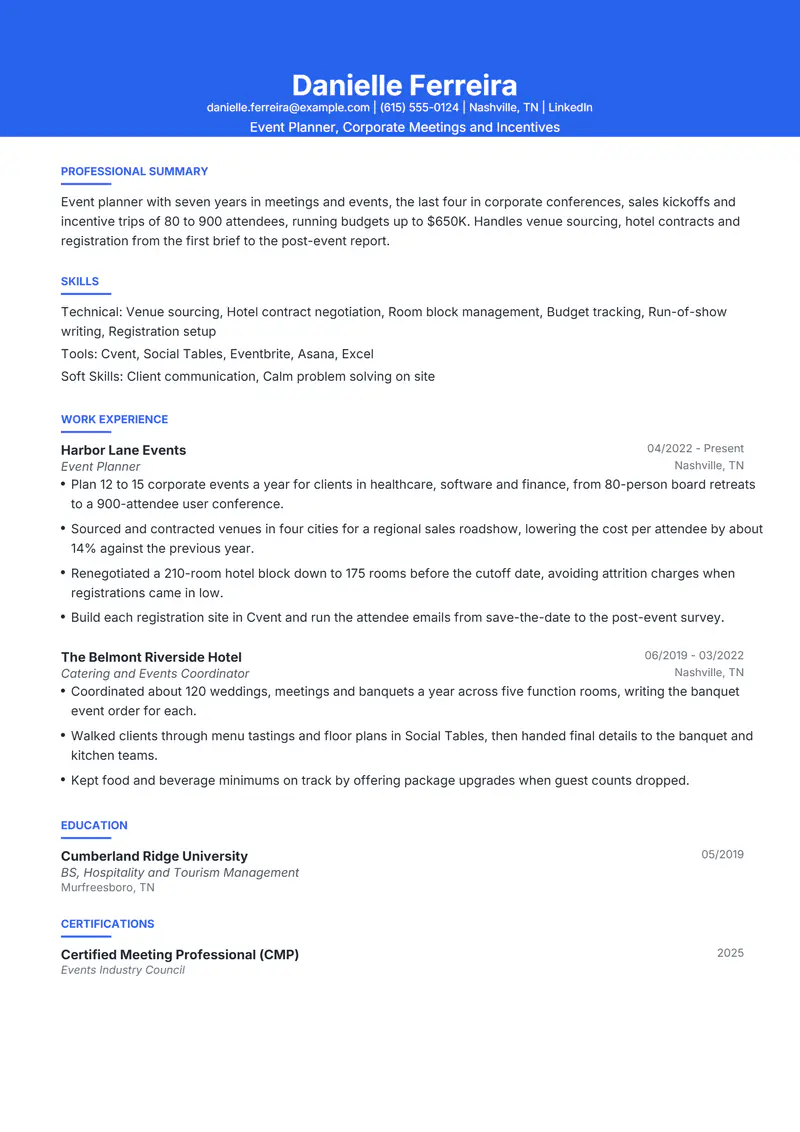 Event Planner resume template sample in Olivia, page 1: fictional Event Planner, Corporate Meetings and Incentives