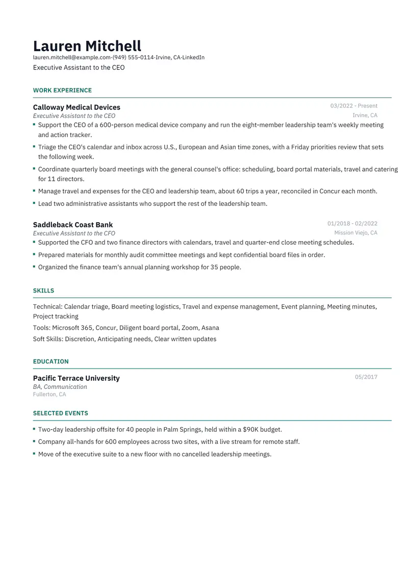 Executive Assistant resume template sample in Catalyst, page 1: fictional Executive Assistant to the CEO
