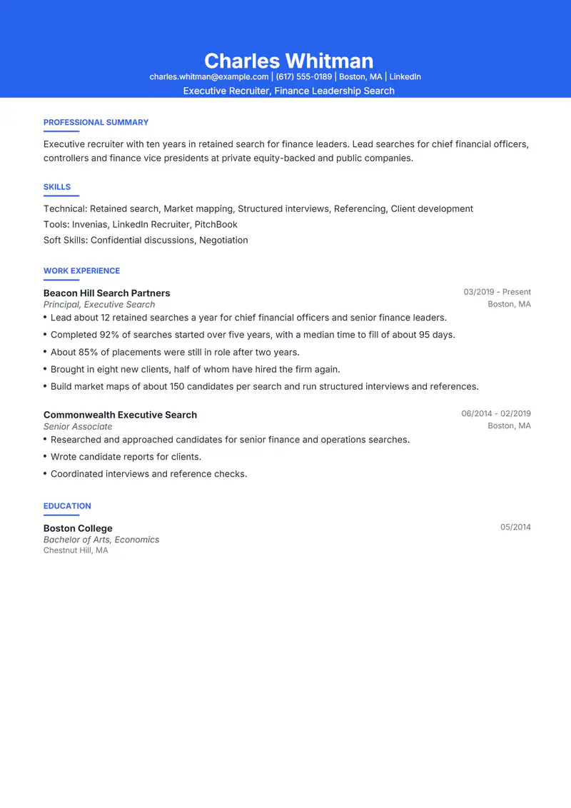 Executive Recruiter resume template sample in Olivia, page 1: fictional Executive Recruiter, Finance Leadership Search