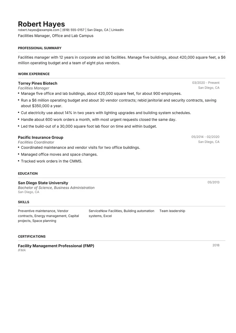 Facilities Manager resume template sample in Henrietta, page 1: fictional Facilities Manager, Office and Lab Campus
