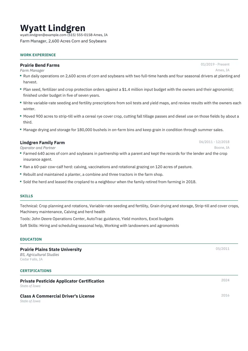 Farmer resume template sample in Catalyst, page 1: fictional Farm Manager, 2,600 Acres Corn and Soybeans