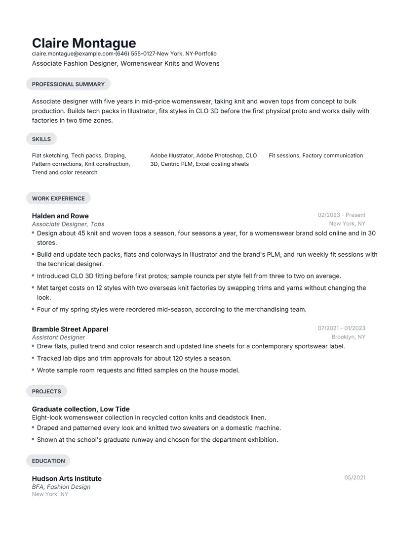 Fashion Designer resume template sample in Daniel, page 1: fictional Associate Fashion Designer, Womenswear Knits and Wovens