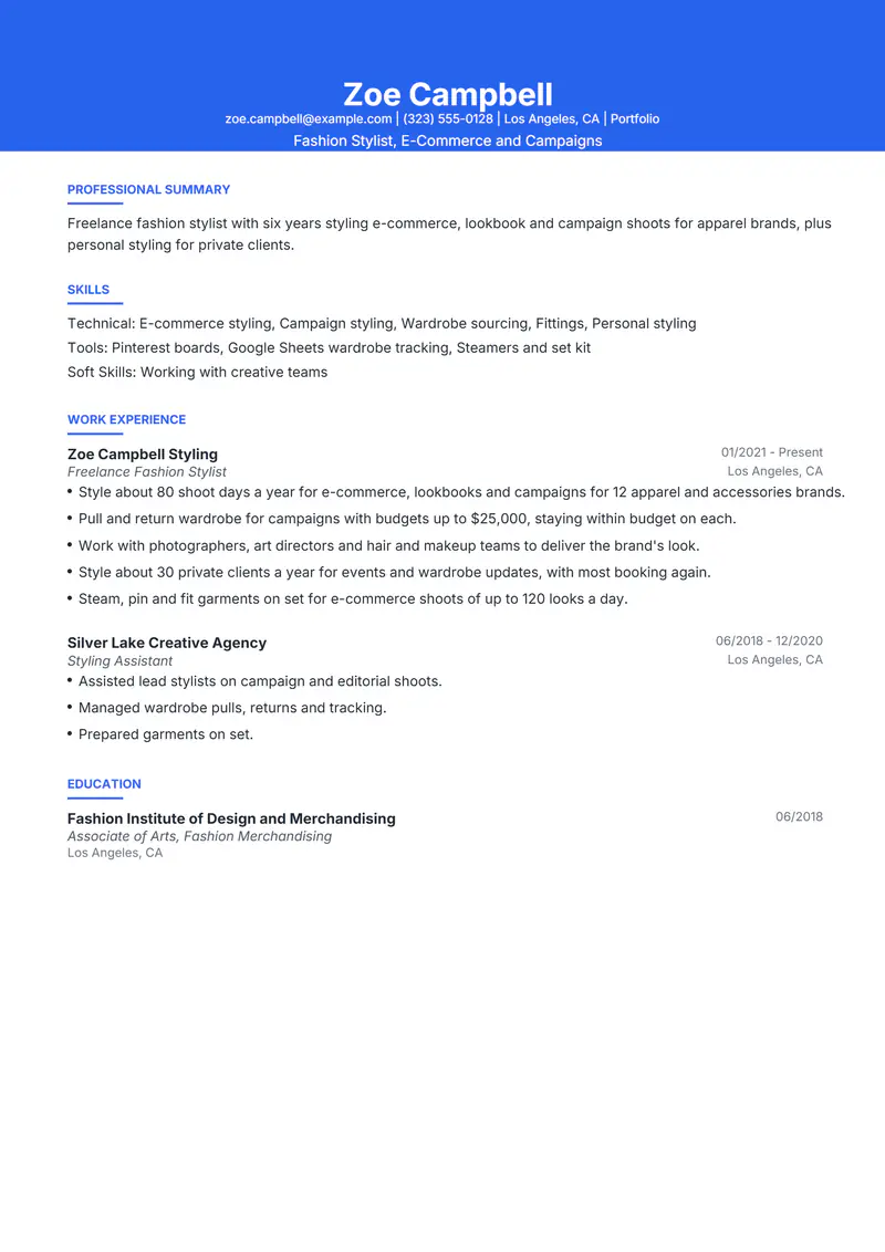 Fashion Stylist resume template sample in Olivia, page 1: fictional Fashion Stylist, E-Commerce and Campaigns