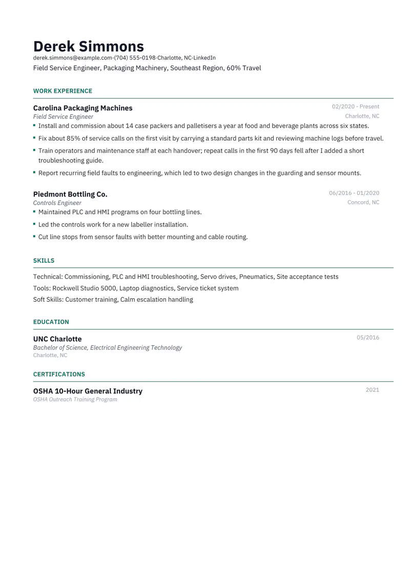 Field Service Engineer resume template sample in Catalyst, page 1: fictional Field Service Engineer, Packaging Machinery, Southeast Region, 60% Travel