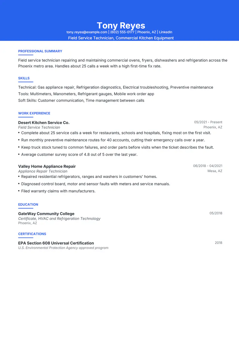 Field Service Technician resume template sample in Olivia, page 1: fictional Field Service Technician, Commercial Kitchen Equipment