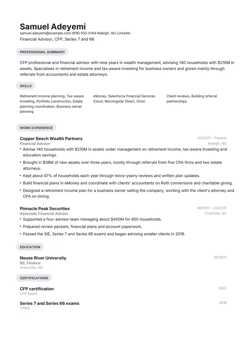 Financial Advisor resume template sample in Daniel, page 1: fictional Financial Advisor, CFP, Series 7 and 66