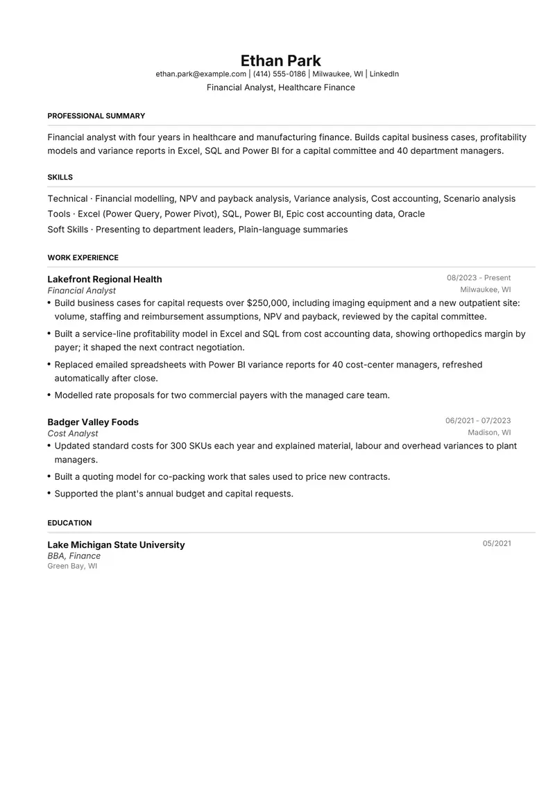 Financial Analyst resume template sample in FAANGPath, page 1: fictional Financial Analyst, Healthcare Finance