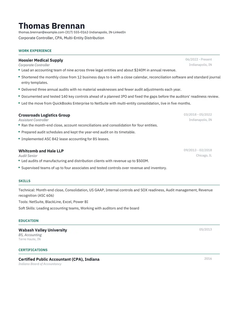 Financial Controller resume template sample in Catalyst, page 1: fictional Corporate Controller, CPA, Multi-Entity Distribution