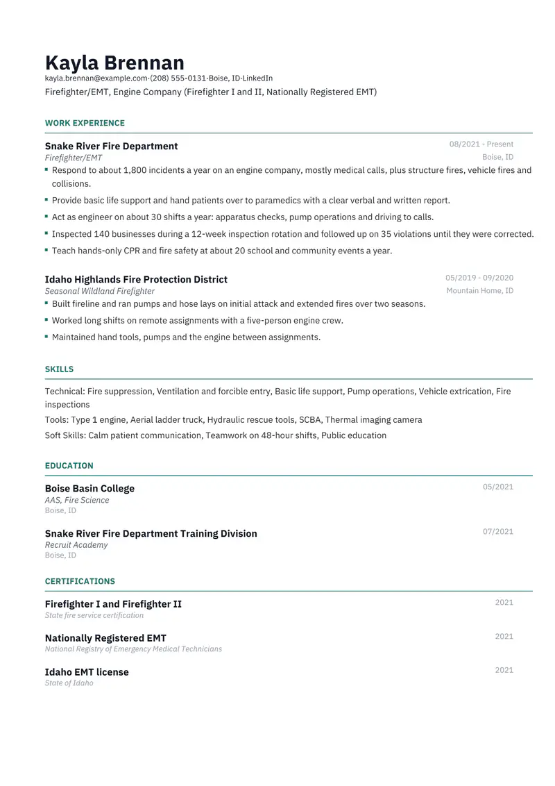 Firefighter resume template sample in Catalyst, page 1: fictional Firefighter/EMT, Engine Company (Firefighter I and II, Nationally Registered EMT)