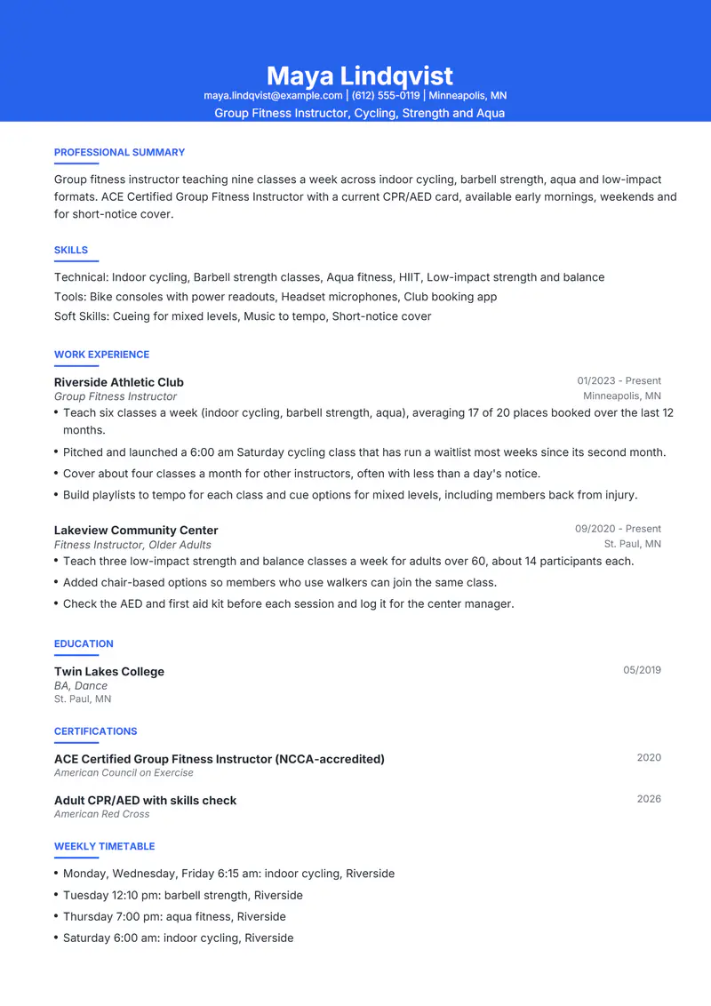 Fitness Instructor resume template sample in Olivia, page 1: fictional Group Fitness Instructor, Cycling, Strength and Aqua