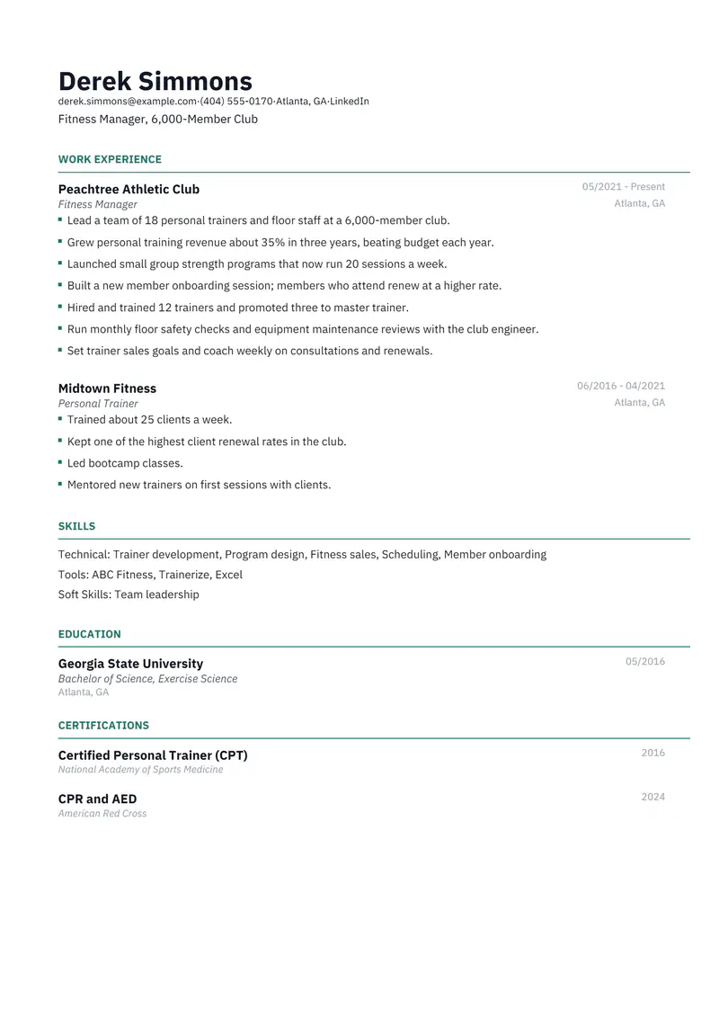 Fitness Manager resume template sample in Catalyst, page 1: fictional Fitness Manager, 6,000-Member Club