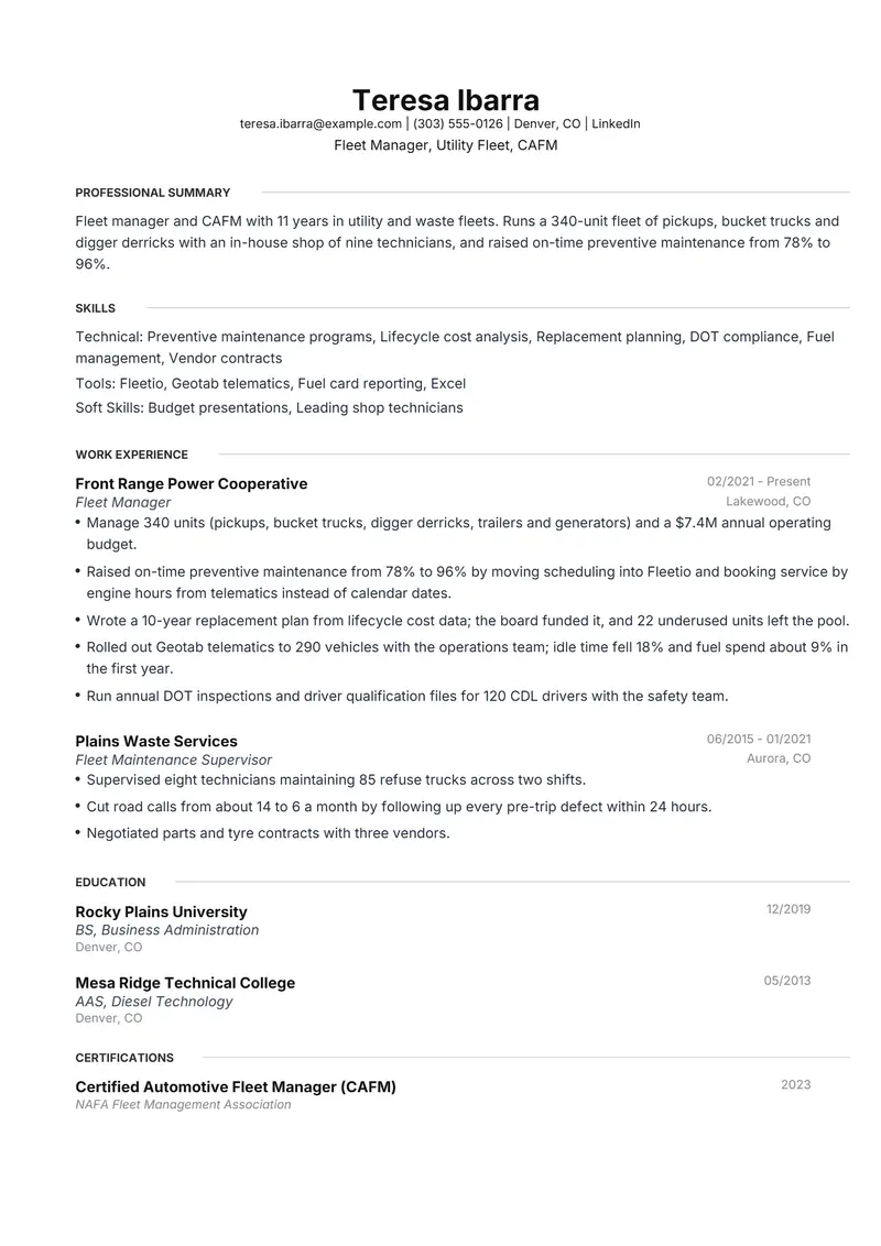 Fleet Manager resume template sample in Meridian, page 1: fictional Fleet Manager, Utility Fleet, CAFM