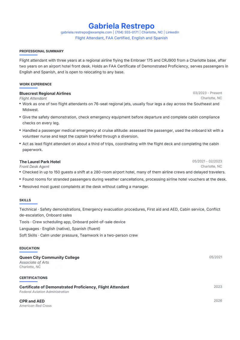 Flight Attendant resume template sample in Leslie, page 1: fictional Flight Attendant, FAA Certified, English and Spanish