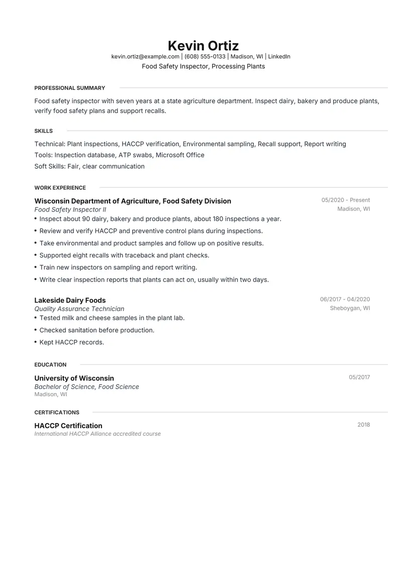 Food Safety Inspector resume template sample in Meridian, page 1: fictional Food Safety Inspector, Processing Plants