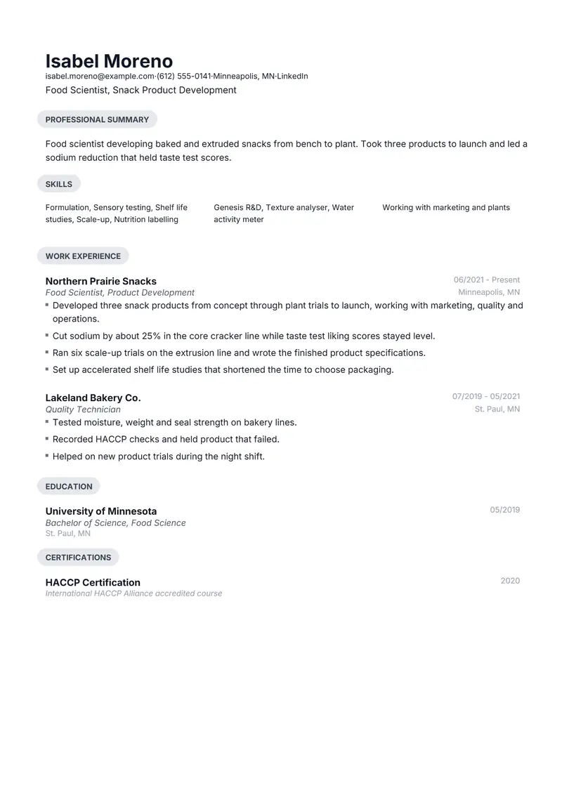 Food Scientist resume template sample in Daniel, page 1: fictional Food Scientist, Snack Product Development