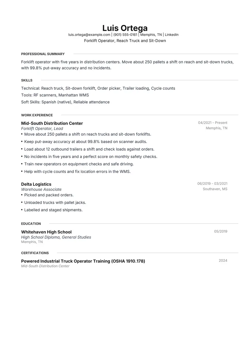 Forklift Operator resume template sample in Meridian, page 1: fictional Forklift Operator, Reach Truck and Sit-Down