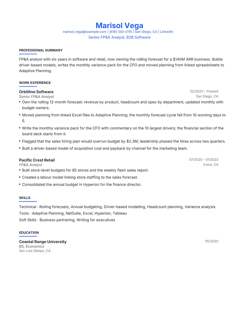 FP&A Analyst resume template sample in Leslie, page 1: fictional Senior FP&A Analyst, B2B Software
