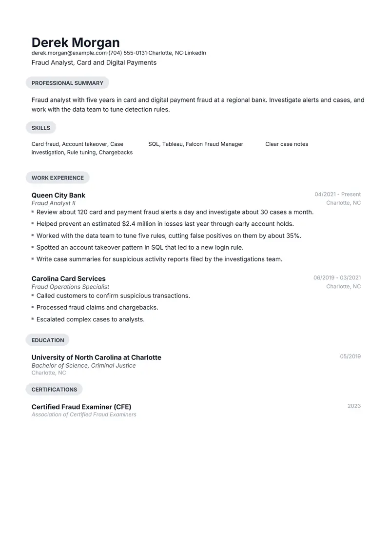Fraud Analyst resume template sample in Daniel, page 1: fictional Fraud Analyst, Card and Digital Payments
