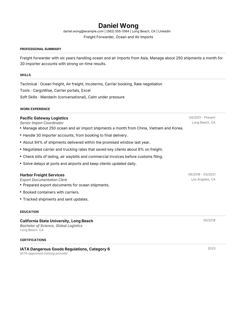 Freight Forwarder resume template sample in FAANGPath, page 1: fictional Freight Forwarder, Ocean and Air Imports