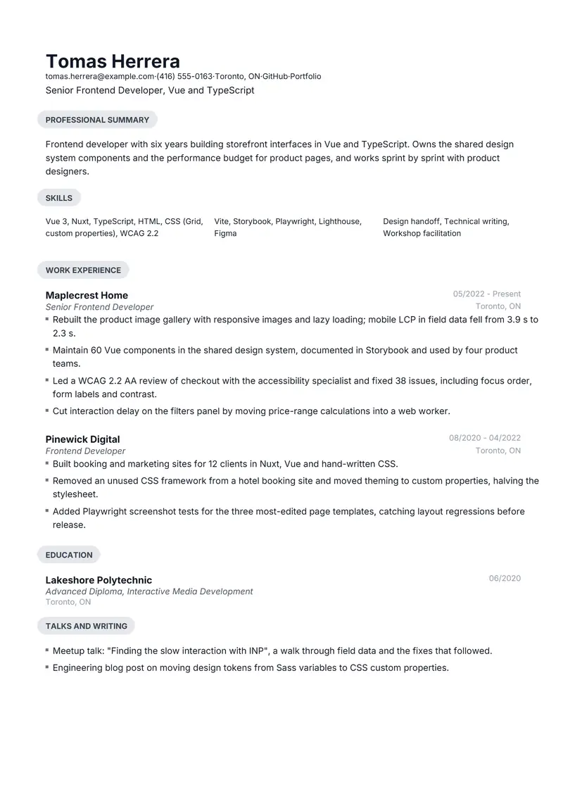 Frontend Developer resume template sample in Daniel, page 1: fictional Senior Frontend Developer, Vue and TypeScript