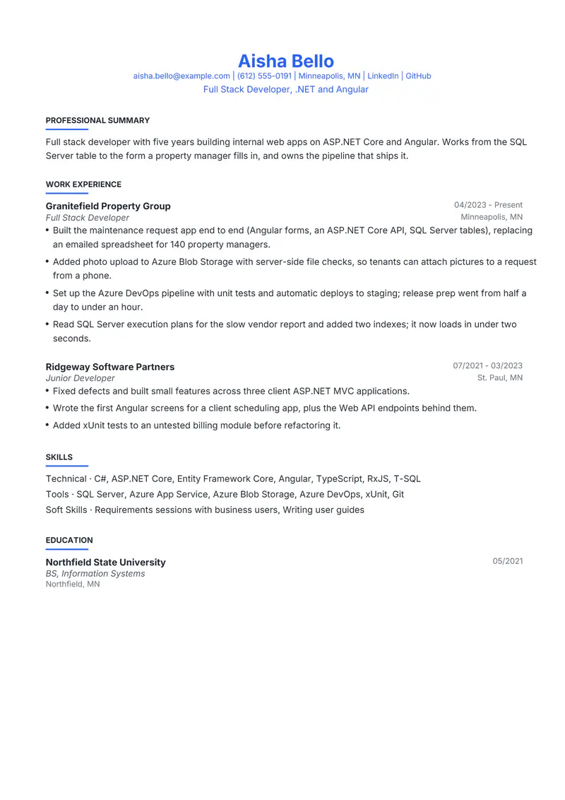 Full Stack Developer resume template sample in Leslie, page 1: fictional Full Stack Developer, .NET and Angular