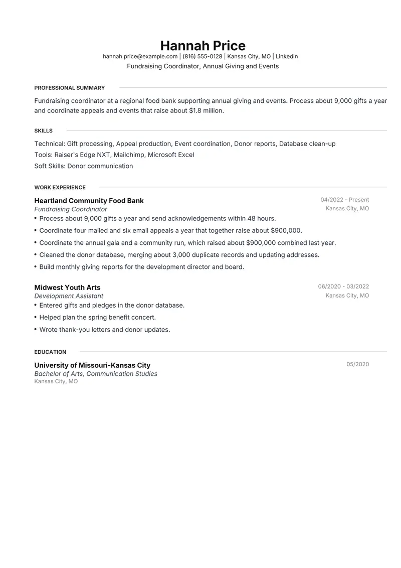 Fundraising Coordinator resume template sample in Meridian, page 1: fictional Fundraising Coordinator, Annual Giving and Events