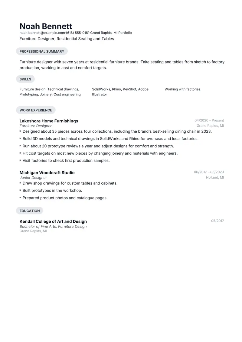 Furniture Designer resume template sample in Daniel, page 1: fictional Furniture Designer, Residential Seating and Tables
