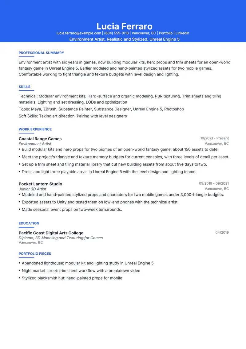 Game Artist resume template sample in Olivia, page 1: fictional Environment Artist, Realistic and Stylized, Unreal Engine 5