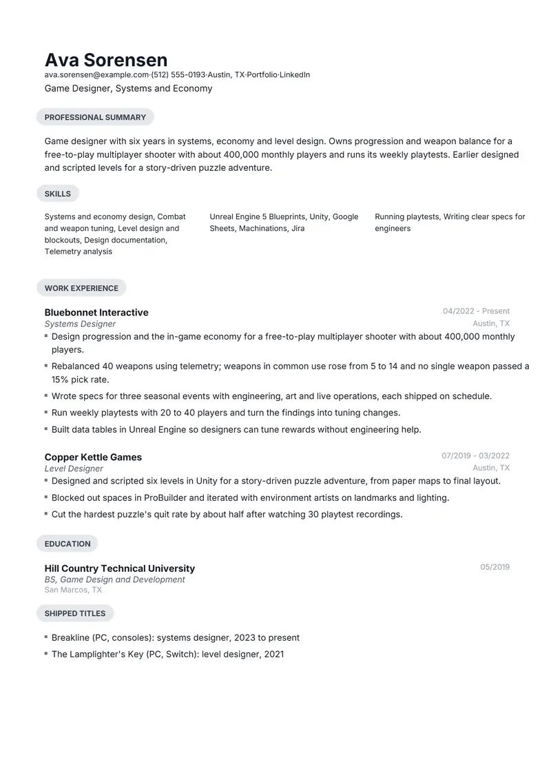 Game Designer resume template sample in Daniel, page 1: fictional Game Designer, Systems and Economy