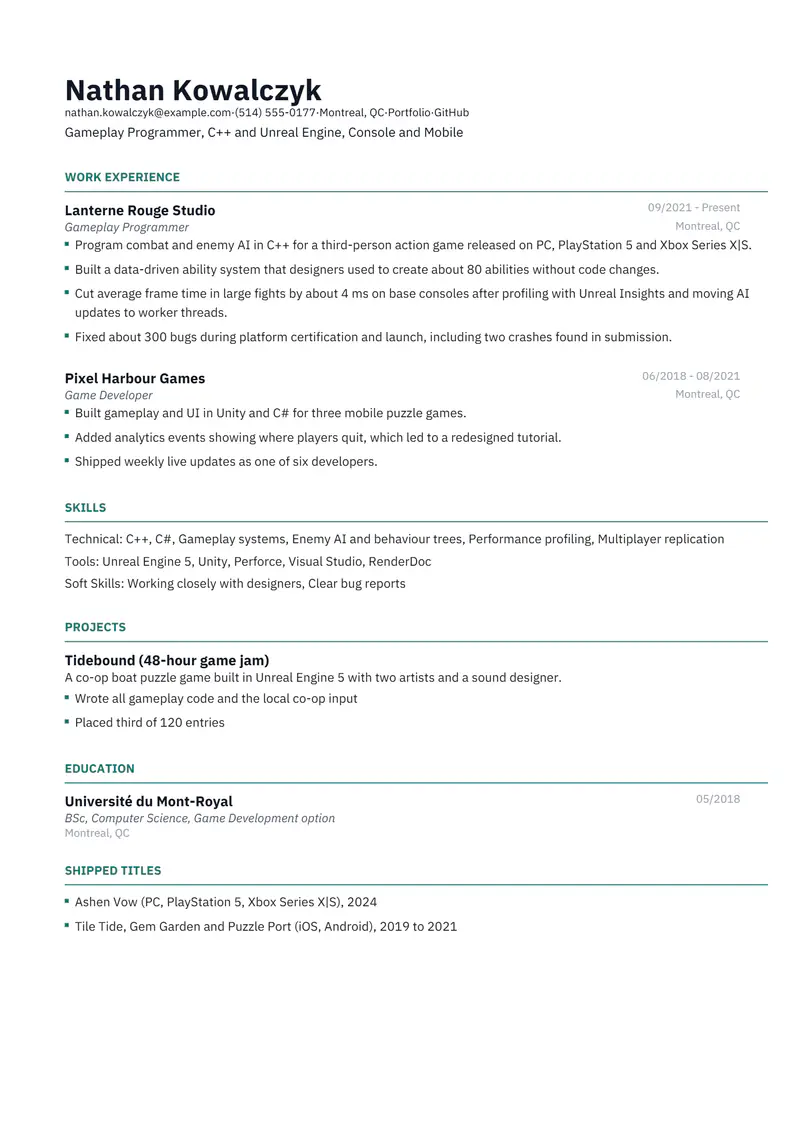 Game Developer resume template sample in Catalyst, page 1: fictional Gameplay Programmer, C++ and Unreal Engine, Console and Mobile