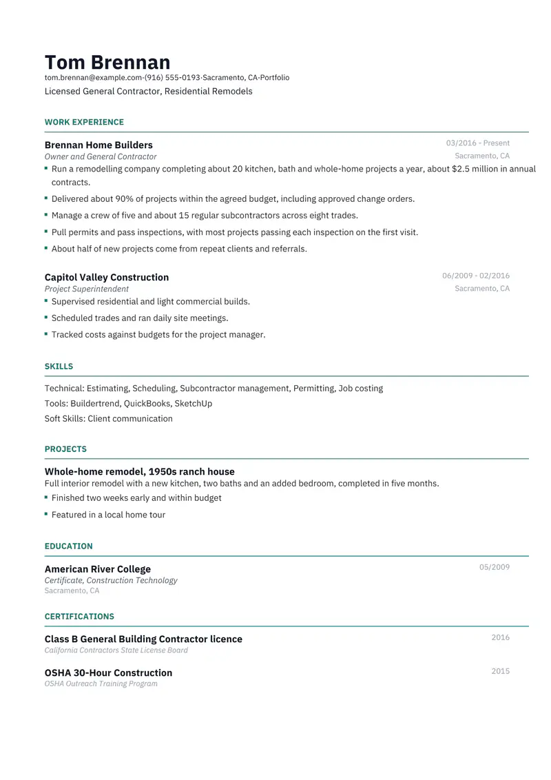 General Contractor resume template sample in Catalyst, page 1: fictional Licensed General Contractor, Residential Remodels