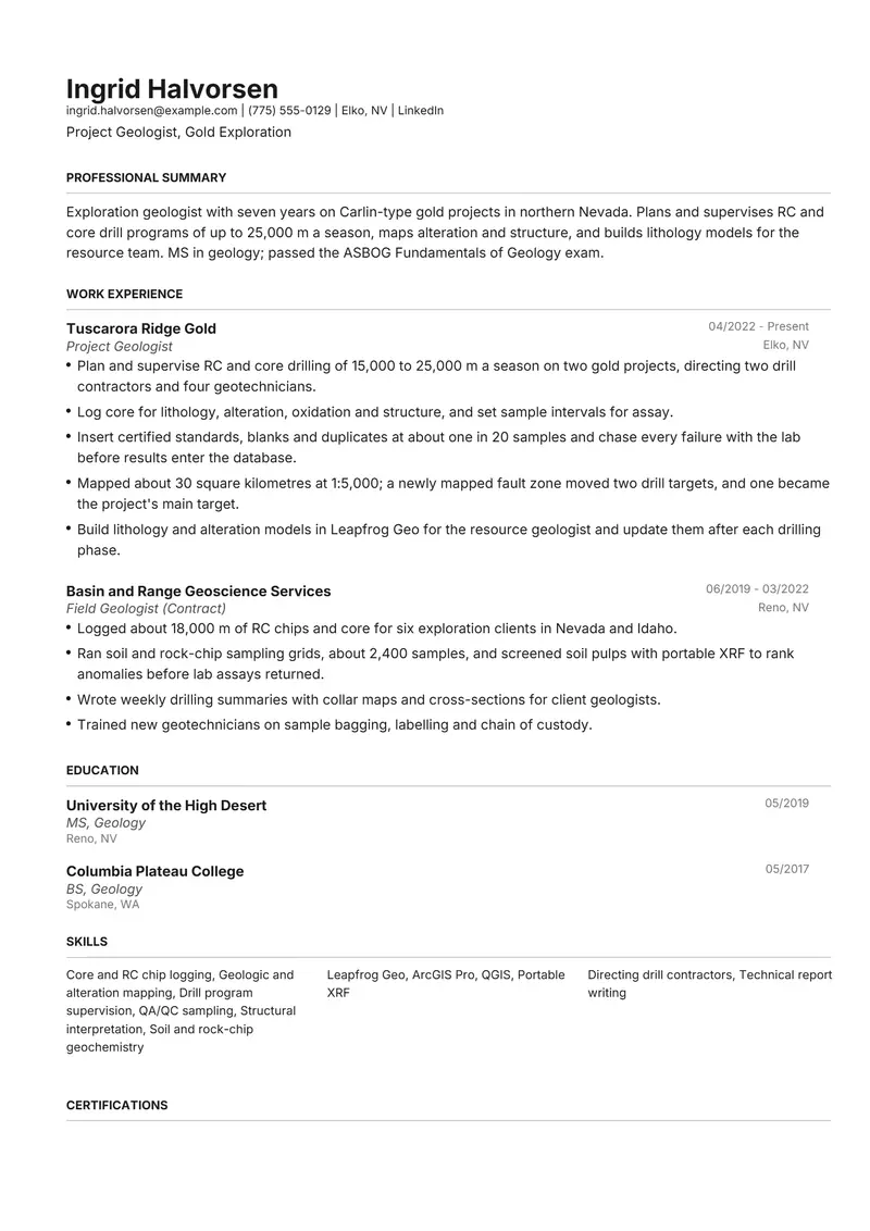 Geologist resume template sample in Henrietta, page 1: fictional Project Geologist, Gold Exploration