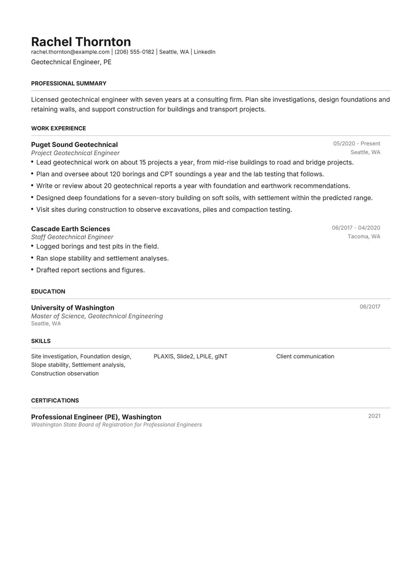 Geotechnical Engineer resume template sample in Henrietta, page 1: fictional Geotechnical Engineer, PE