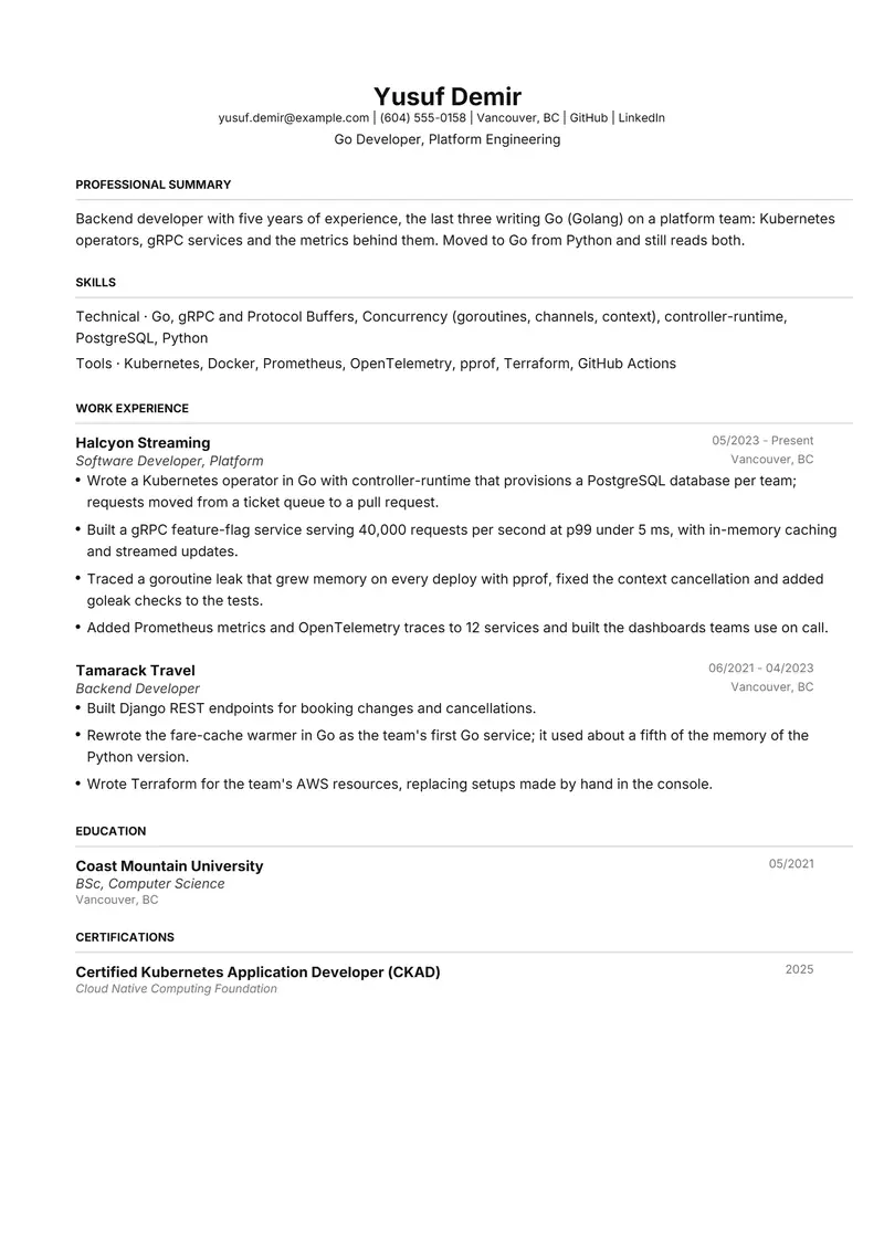 Go Developer resume template sample in FAANGPath, page 1: fictional Go Developer, Platform Engineering