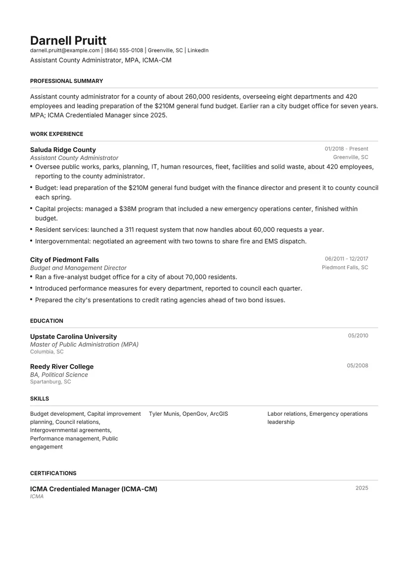 Government Administrator resume template sample in Henrietta, page 1: fictional Assistant County Administrator, MPA, ICMA-CM